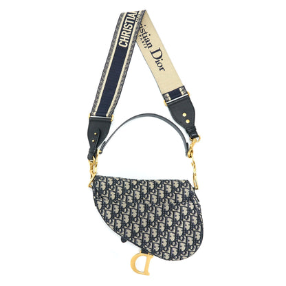 Dior Saddle Purse with Removable Shoulder Strap Oblique Embroidery Blue Rovelle Bags