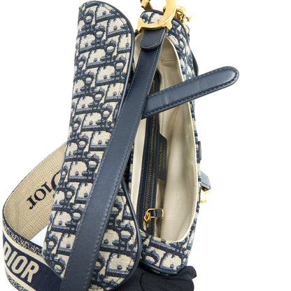 Dior Saddle Purse with Removable Shoulder Strap Oblique Embroidery Blue Rovelle Bags