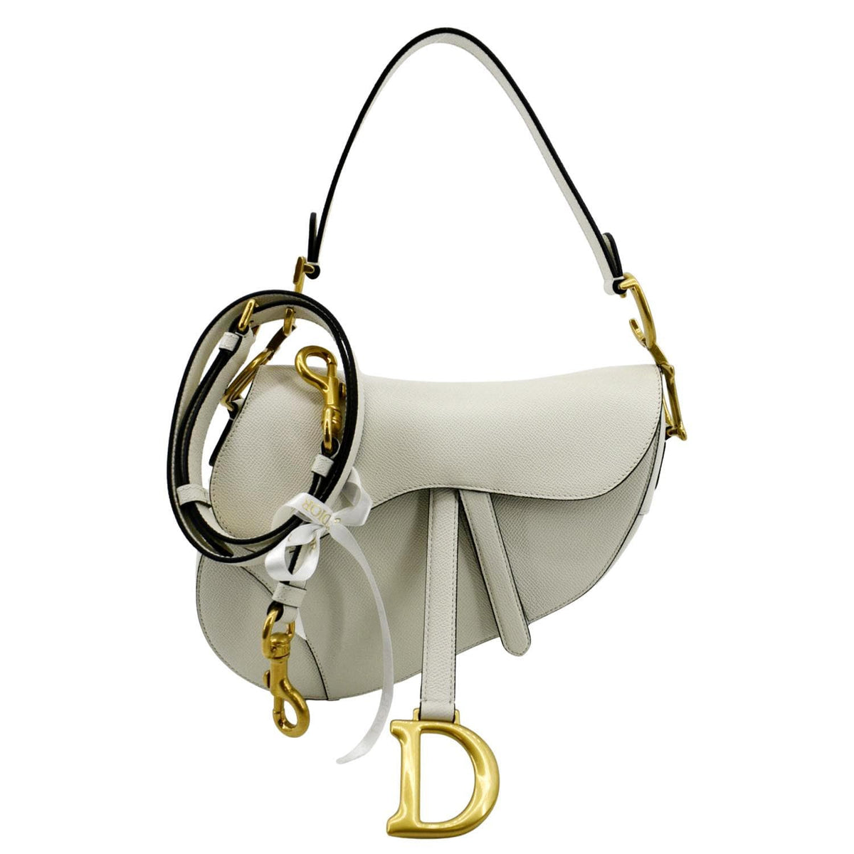 CHRISTIAN DIOR Saddle Grained Calfskin Leather Shoulder Bag Ivory Rovelle Bags