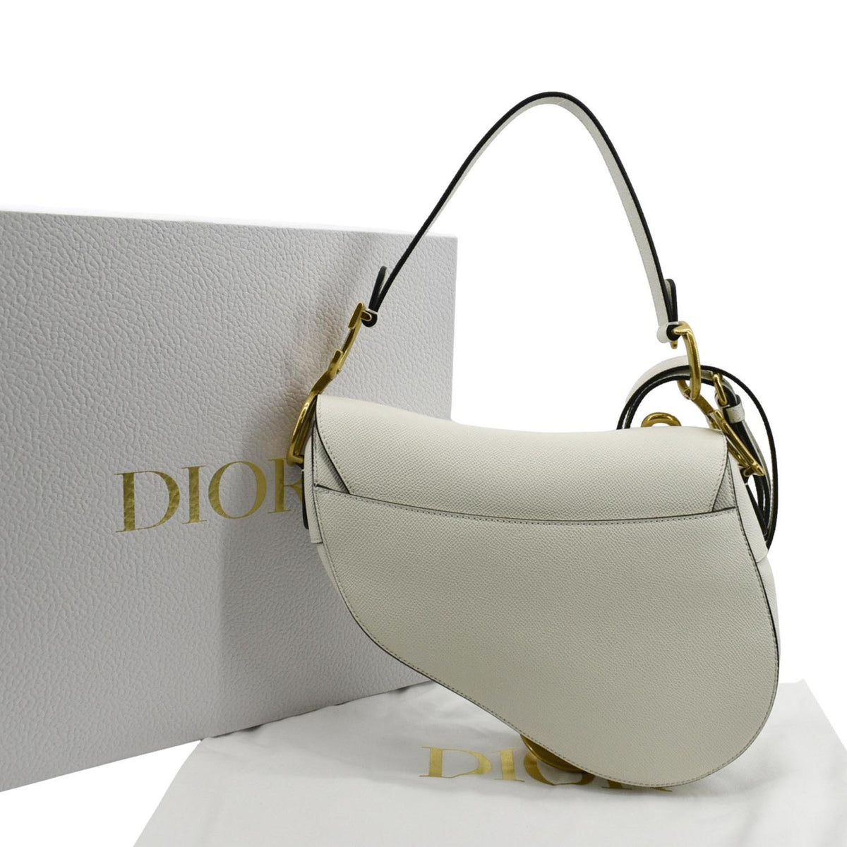 CHRISTIAN DIOR Saddle Grained Calfskin Leather Shoulder Bag Ivory Rovelle Bags