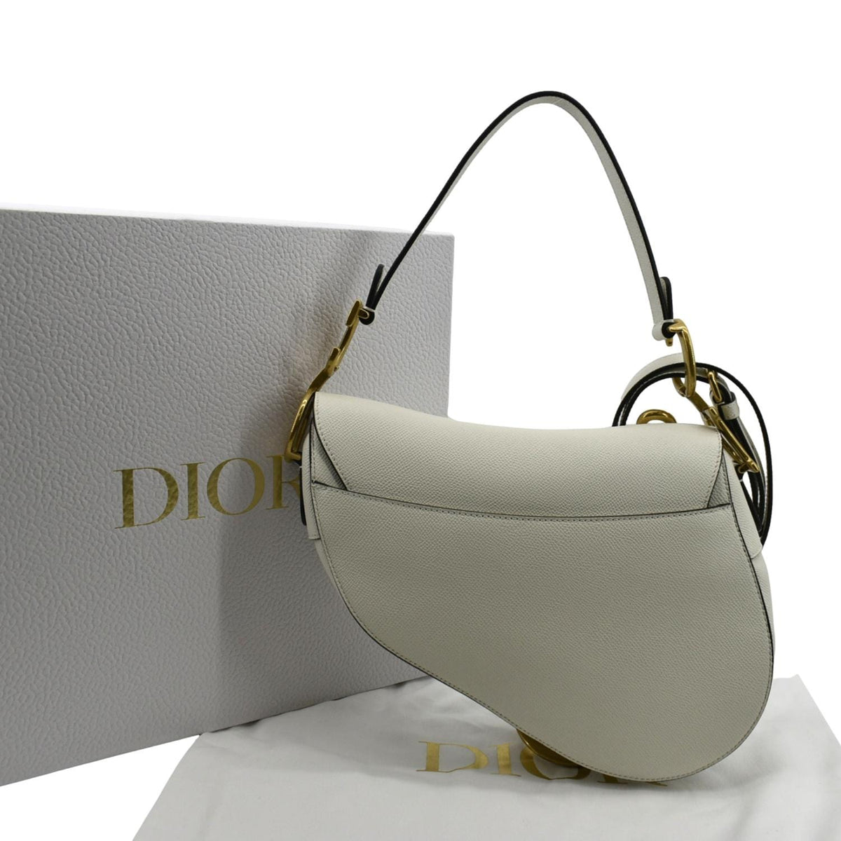 CHRISTIAN DIOR Saddle Grained Calfskin Leather Shoulder Bag Ivory Rovelle Bags
