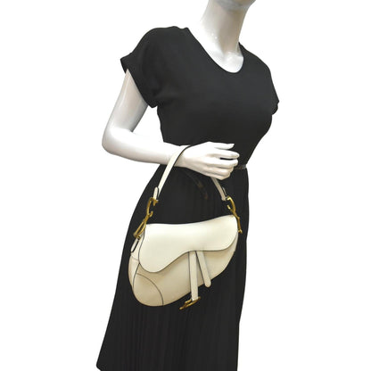 CHRISTIAN DIOR Saddle Grained Calfskin Leather Shoulder Bag Ivory Rovelle Bags