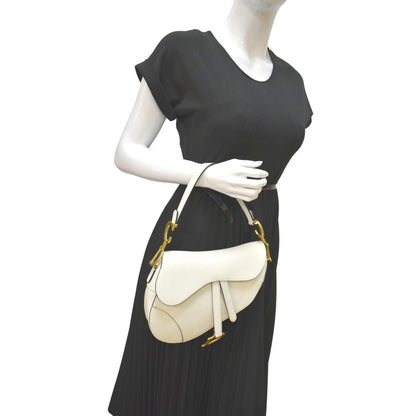 CHRISTIAN DIOR Saddle Grained Calfskin Leather Shoulder Bag Ivory Rovelle Bags