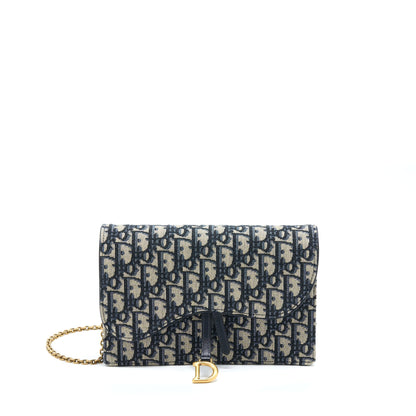 Dior Saddle Pouch With Chain Blue Dior Oblique Jacquard Rovelle Bags