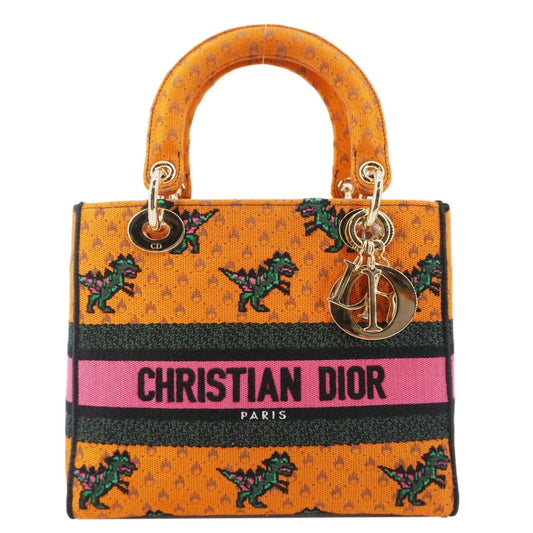 CHRISTIAN DIOR Lady Dior D-Lite Medium Dino Embroidered Shoulder Bag Orange Rovelle Bags