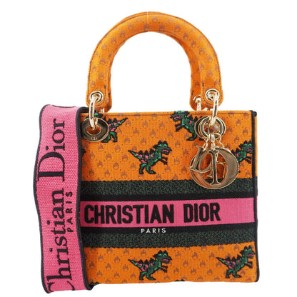 CHRISTIAN DIOR Lady Dior D-Lite Medium Dino Embroidered Shoulder Bag Orange Rovelle Bags