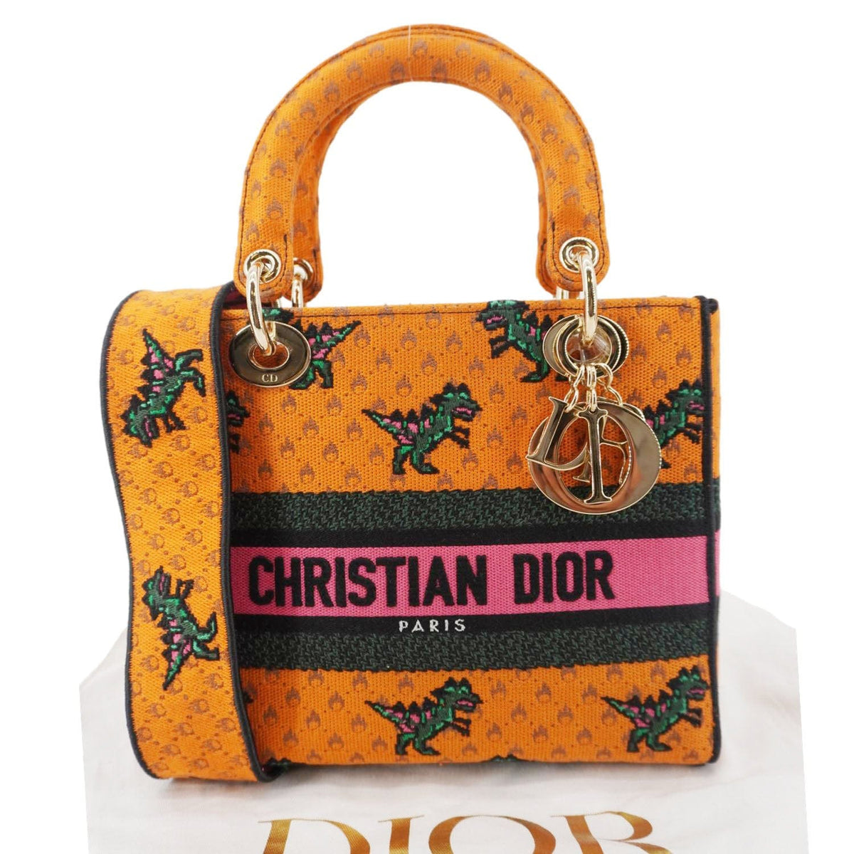 CHRISTIAN DIOR Lady Dior D-Lite Medium Dino Embroidered Shoulder Bag Orange Rovelle Bags