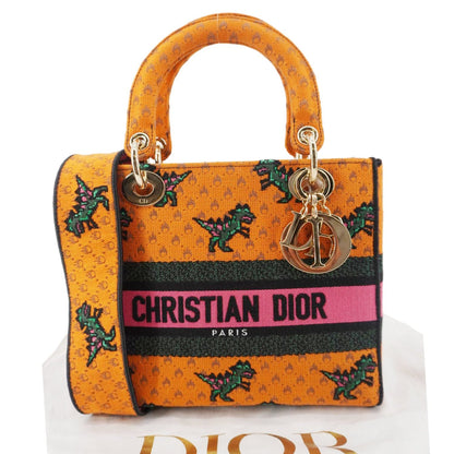 CHRISTIAN DIOR Lady Dior D-Lite Medium Dino Embroidered Shoulder Bag Orange Rovelle Bags