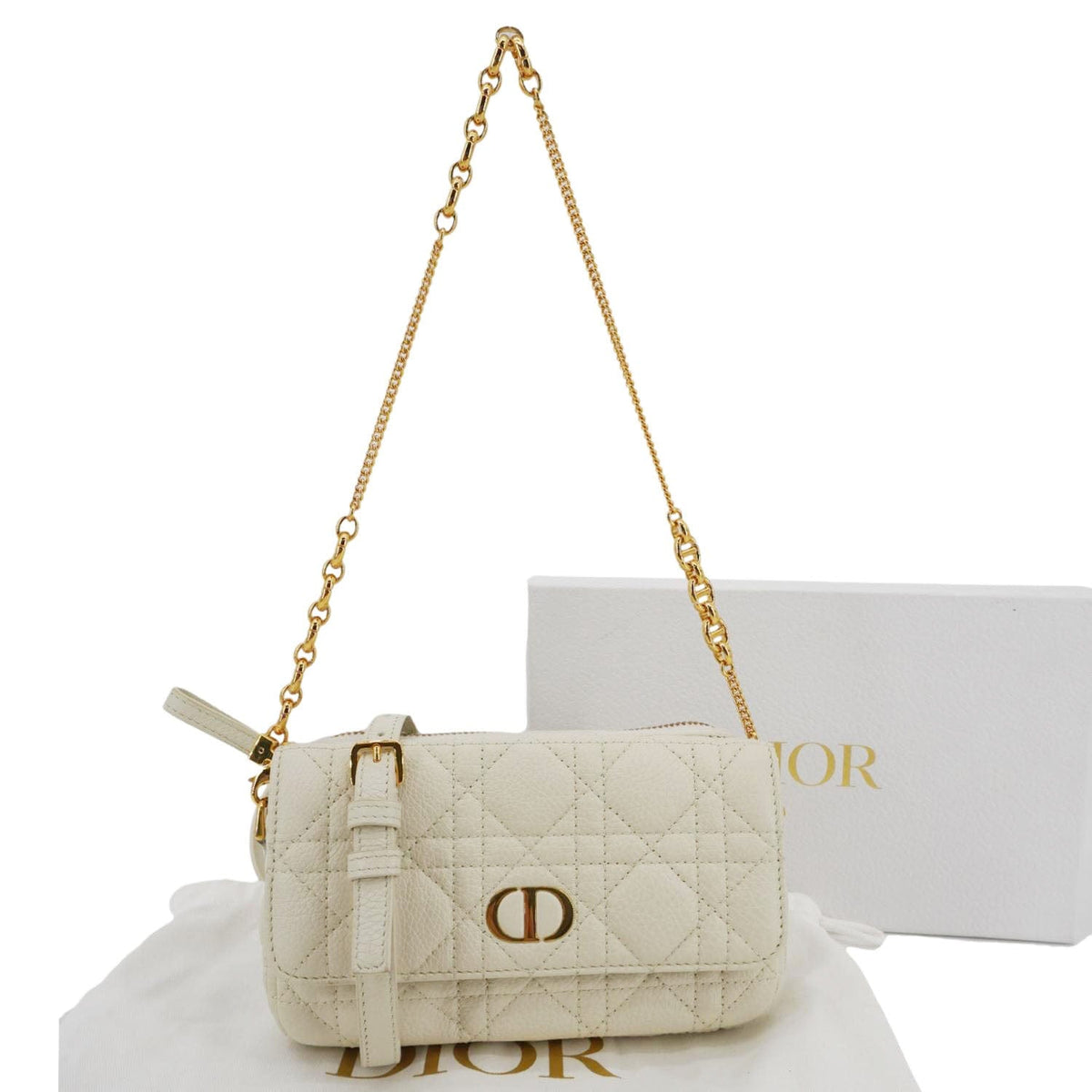 Christian Dior Caro Supple Cannage Calfskin Leather Chain Shoulder Bag Ivory Rovelle Bags