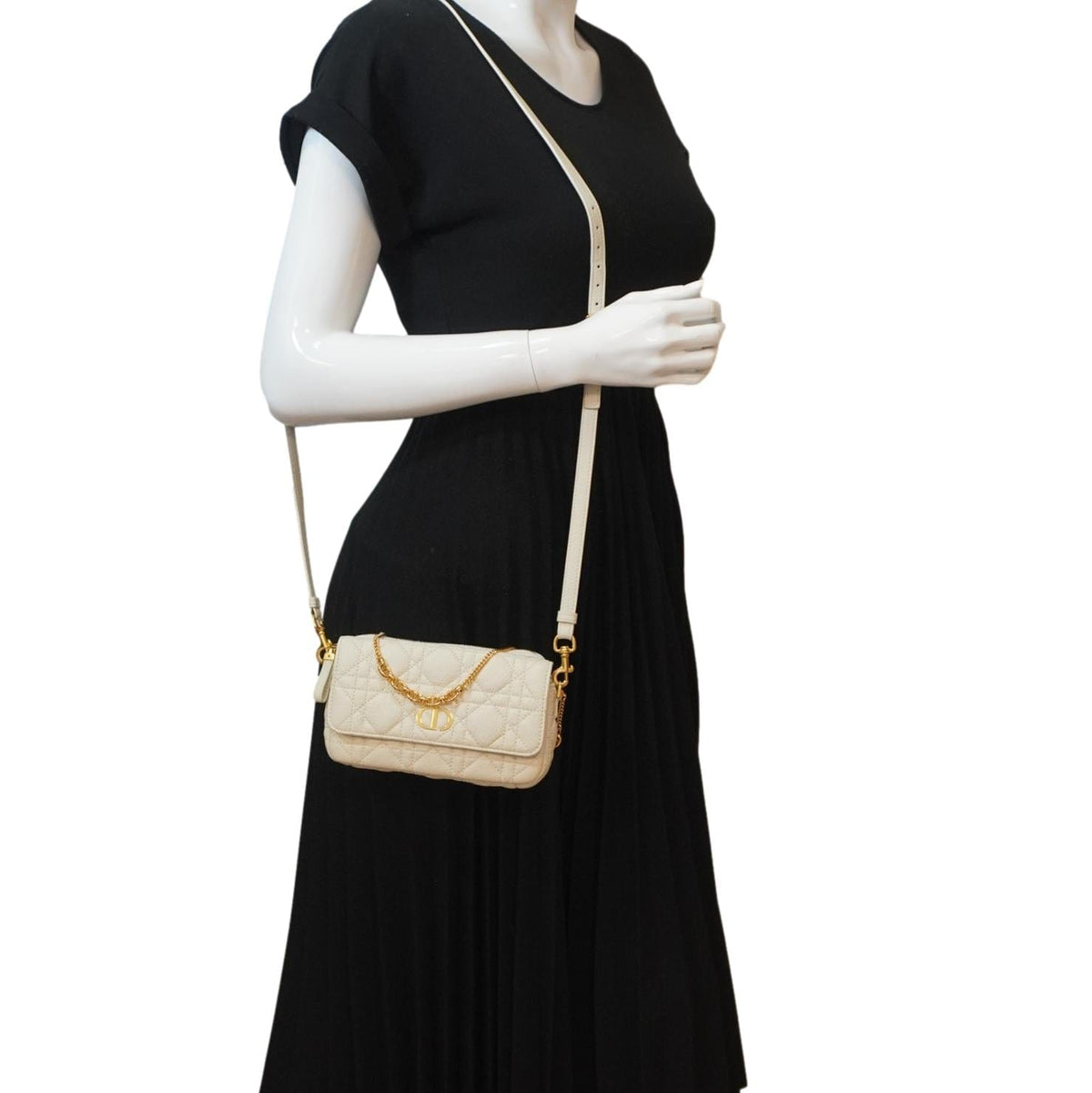 Christian Dior Caro Supple Cannage Calfskin Leather Chain Shoulder Bag Ivory Rovelle Bags