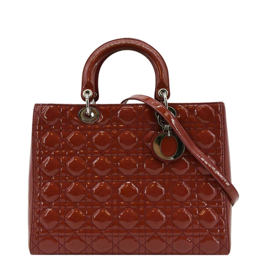 CHRISTIAN DIOR Lady Dior Large Quilted Patent Leather Shoulder Bag Reddish Orange Rovelle Bags