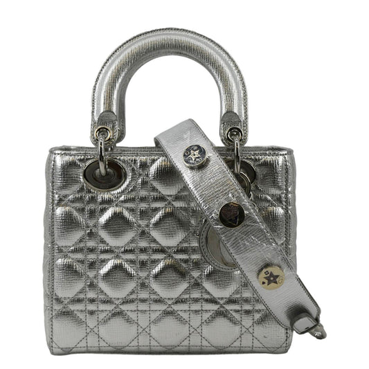 CHRISTIAN DIOR Lady Dior Lambskin Leather Shoulder Bag Metallic Silver Rovelle Bags