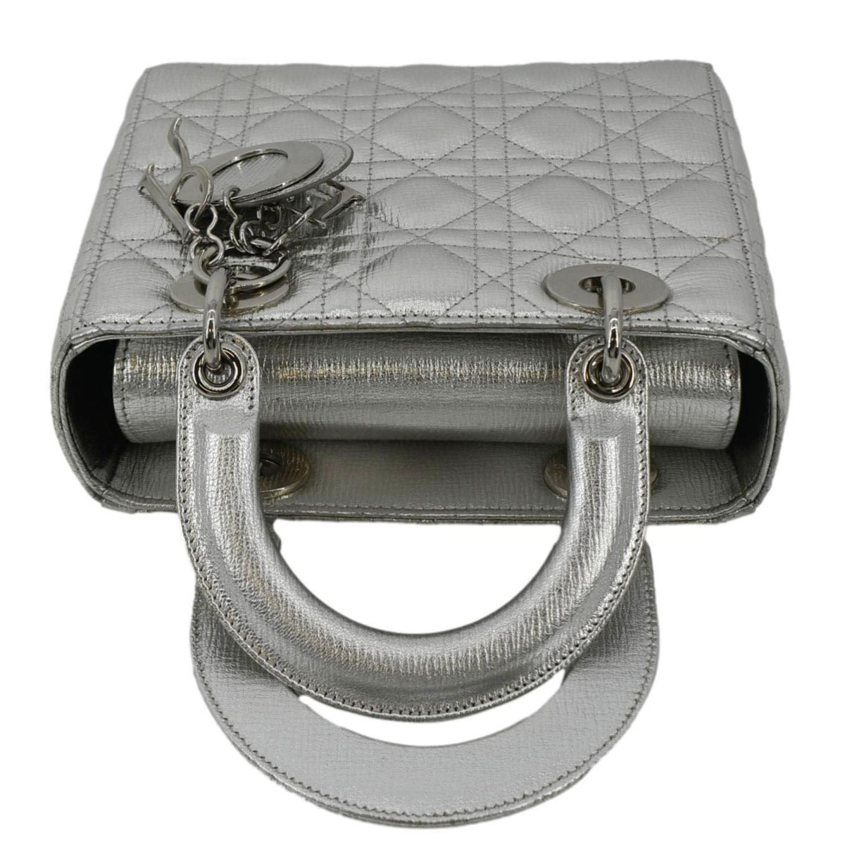 CHRISTIAN DIOR Lady Dior Lambskin Leather Shoulder Bag Metallic Silver Rovelle Bags