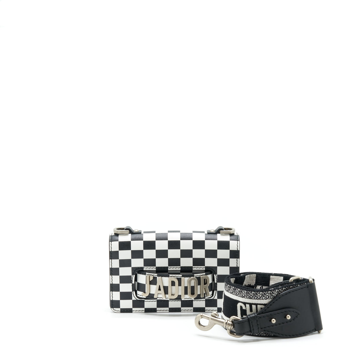 Dior Mini J’adior Flap Purse Black/ White With Wide Shoulder Strap Rovelle Bags