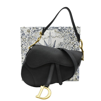 CHRISTIAN DIOR Saddle Grained Leather Satchel Shoulder Bag Black Rovelle Bags