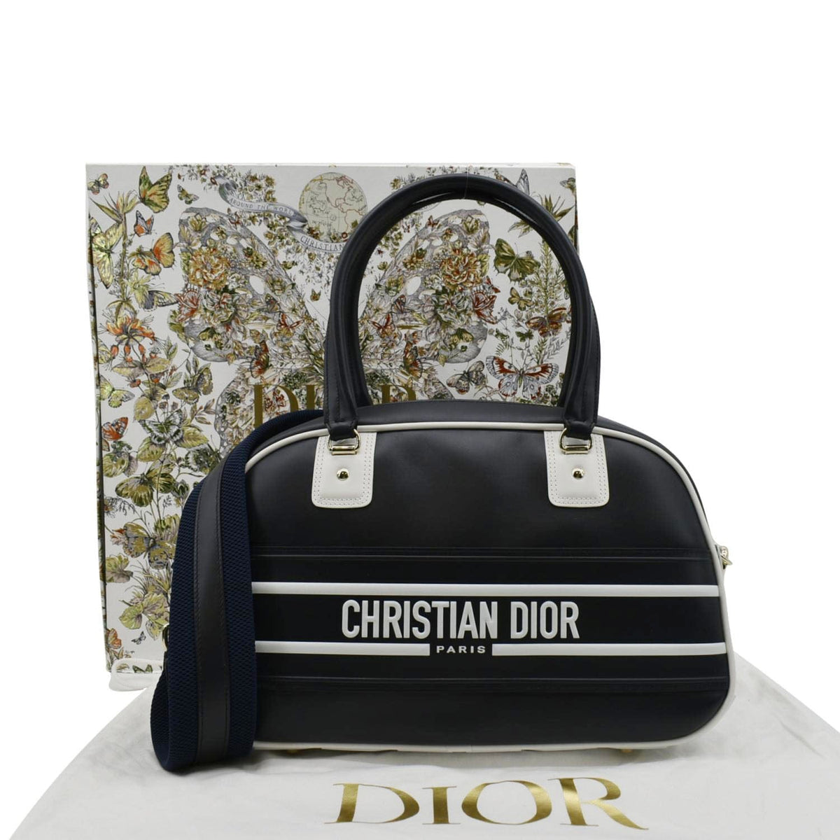 CHRISTIAN DIOR Vibe Zip Bowling Medium Leather Shoulder Bag Navy Blue Rovelle Bags