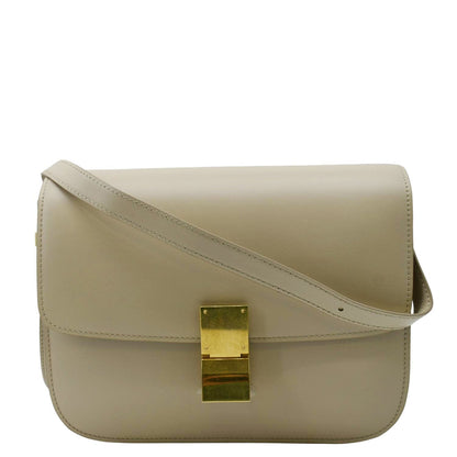 CELINE Classic Box Medium Leather Flap Shoulder Bag Greige
