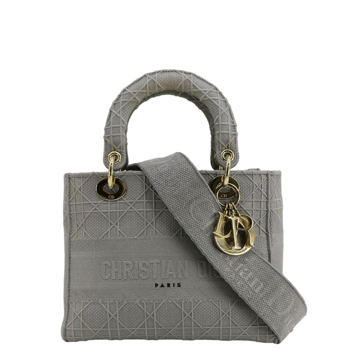 Christian Dior Lady Dior D-Lite Embroidered Cannage Canvas Shoulder Bag Gray Rovelle Bags