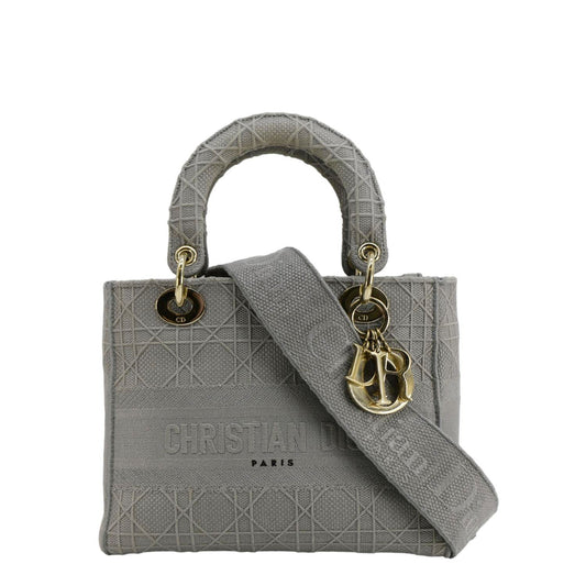Christian Dior Lady Dior D-Lite Embroidered Cannage Canvas Shoulder Bag Gray Rovelle Bags