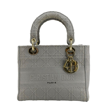 Christian Dior Lady Dior D-Lite Embroidered Cannage Canvas Shoulder Bag Gray Rovelle Bags