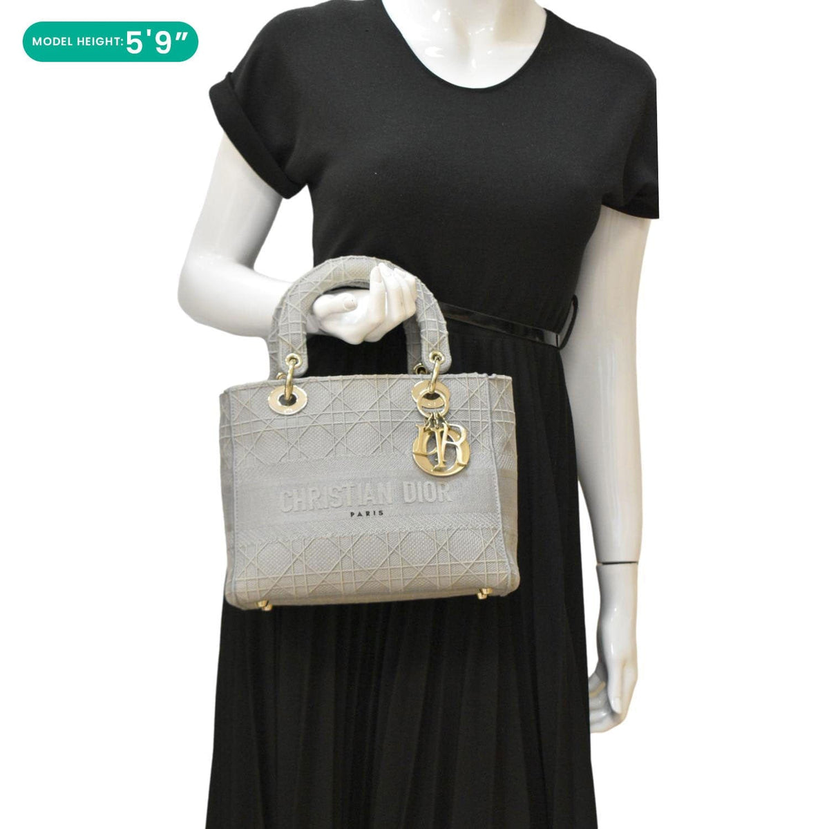 Christian Dior Lady Dior D-Lite Embroidered Cannage Canvas Shoulder Bag Gray Rovelle Bags