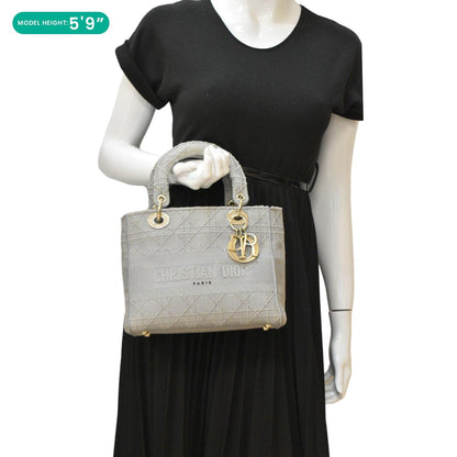 Christian Dior Lady Dior D-Lite Embroidered Cannage Canvas Shoulder Bag Gray Rovelle Bags