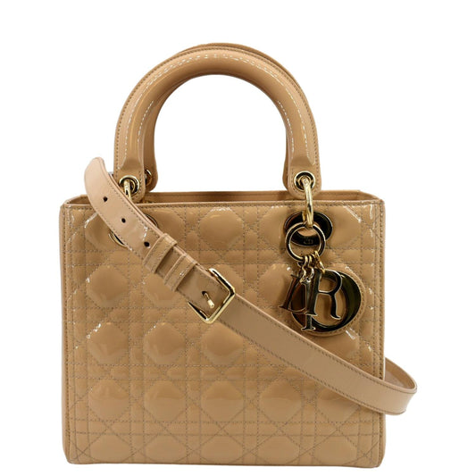 CHRISTIAN DIOR Medium Lady Dior Cannage Patent Leather Shoulder Bag Tan Rovelle Bags