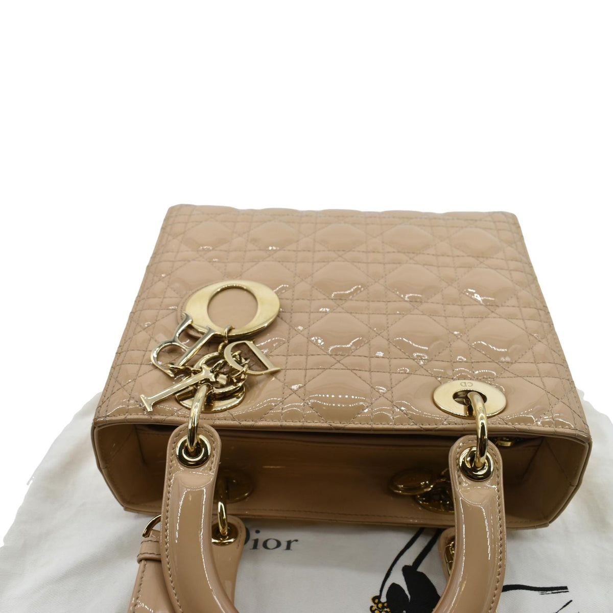 CHRISTIAN DIOR Medium Lady Dior Cannage Patent Leather Shoulder Bag Tan Rovelle Bags