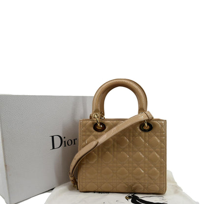 CHRISTIAN DIOR Medium Lady Dior Cannage Patent Leather Shoulder Bag Tan Rovelle Bags