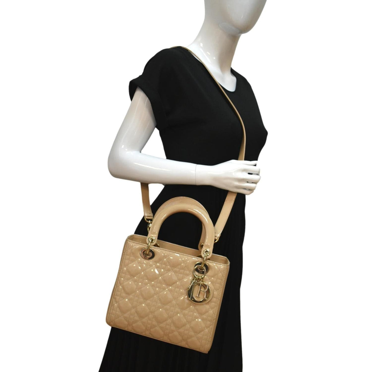 CHRISTIAN DIOR Medium Lady Dior Cannage Patent Leather Shoulder Bag Tan Rovelle Bags
