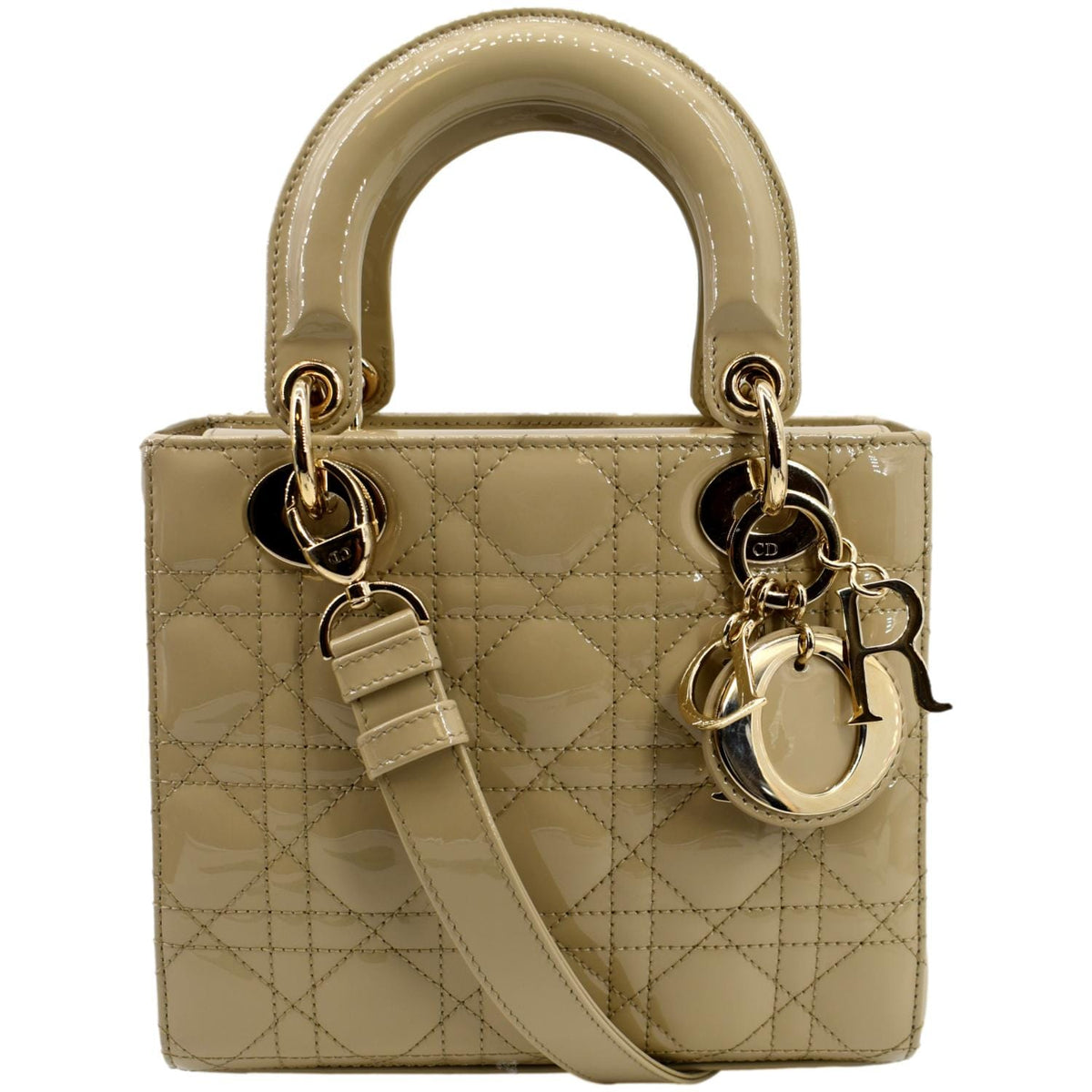 CHRISTIAN DIOR Lady Dior Small Patent Leather Shoulder Bag Beige Rovelle Bags