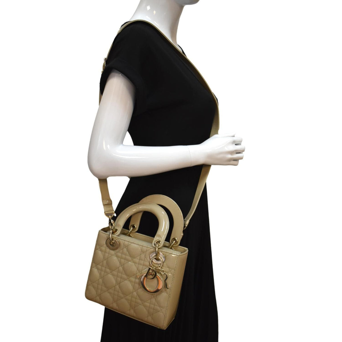 CHRISTIAN DIOR Lady Dior Small Patent Leather Shoulder Bag Beige Rovelle Bags