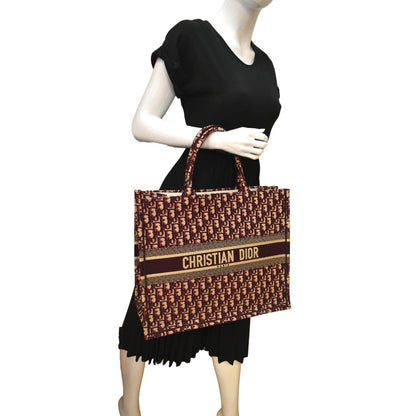 CHRISTIAN DIOR Book Oblique Embroidered Canvas Tote Bag Burgundy - Hot Deals Rovelle Bags