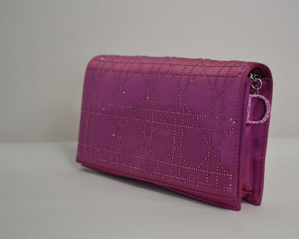 Christian Dior Burgundy Satin Clutch With Rhinestones And Thin Silver Chain Rovelle Bags