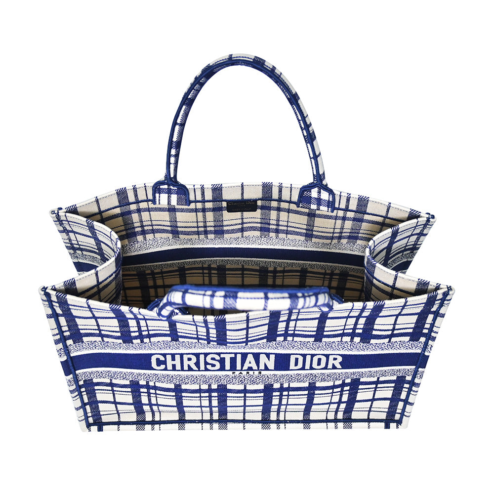Blue Check'N'Dior Embroidery Book Tote Rented Out Rovelle Bags