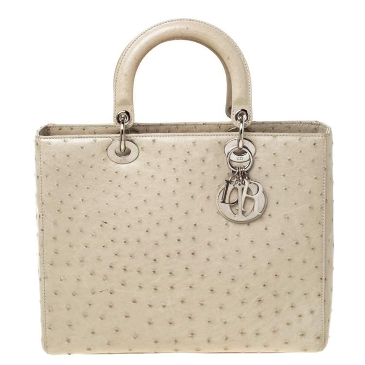 Dior Beige Ostrich Leather Large Lady Dior Tote Rovelle Bags