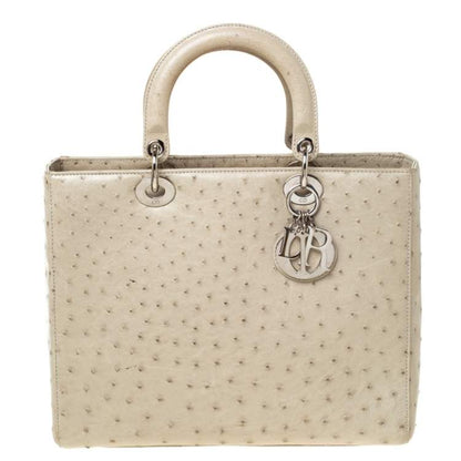 Dior Beige Ostrich Leather Large Lady Dior Tote Rovelle Bags