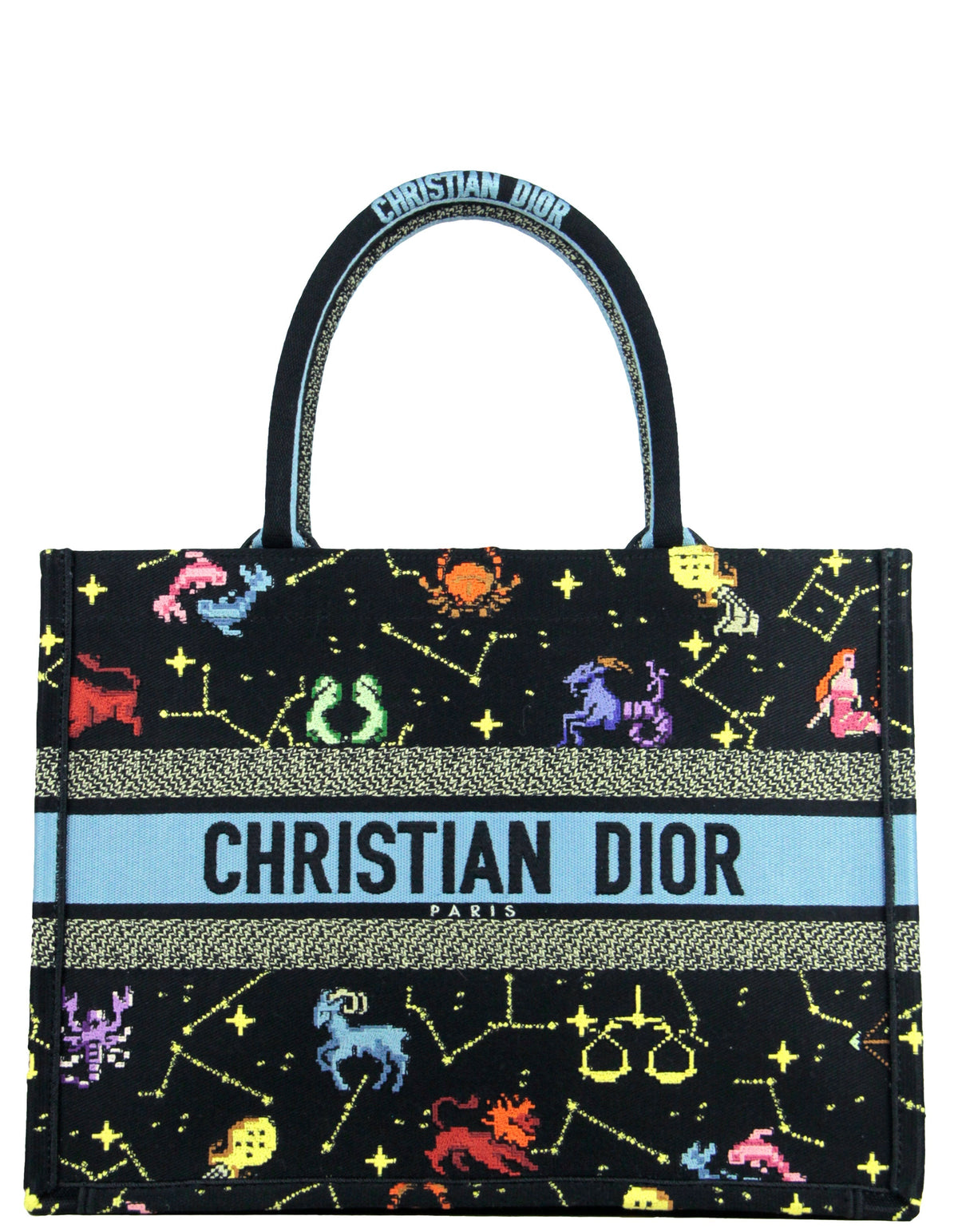 Dior 2022 Black Multicolor Dior Pixel Zodiac Embroidery Small Book Tote Bag Rovelle Bags