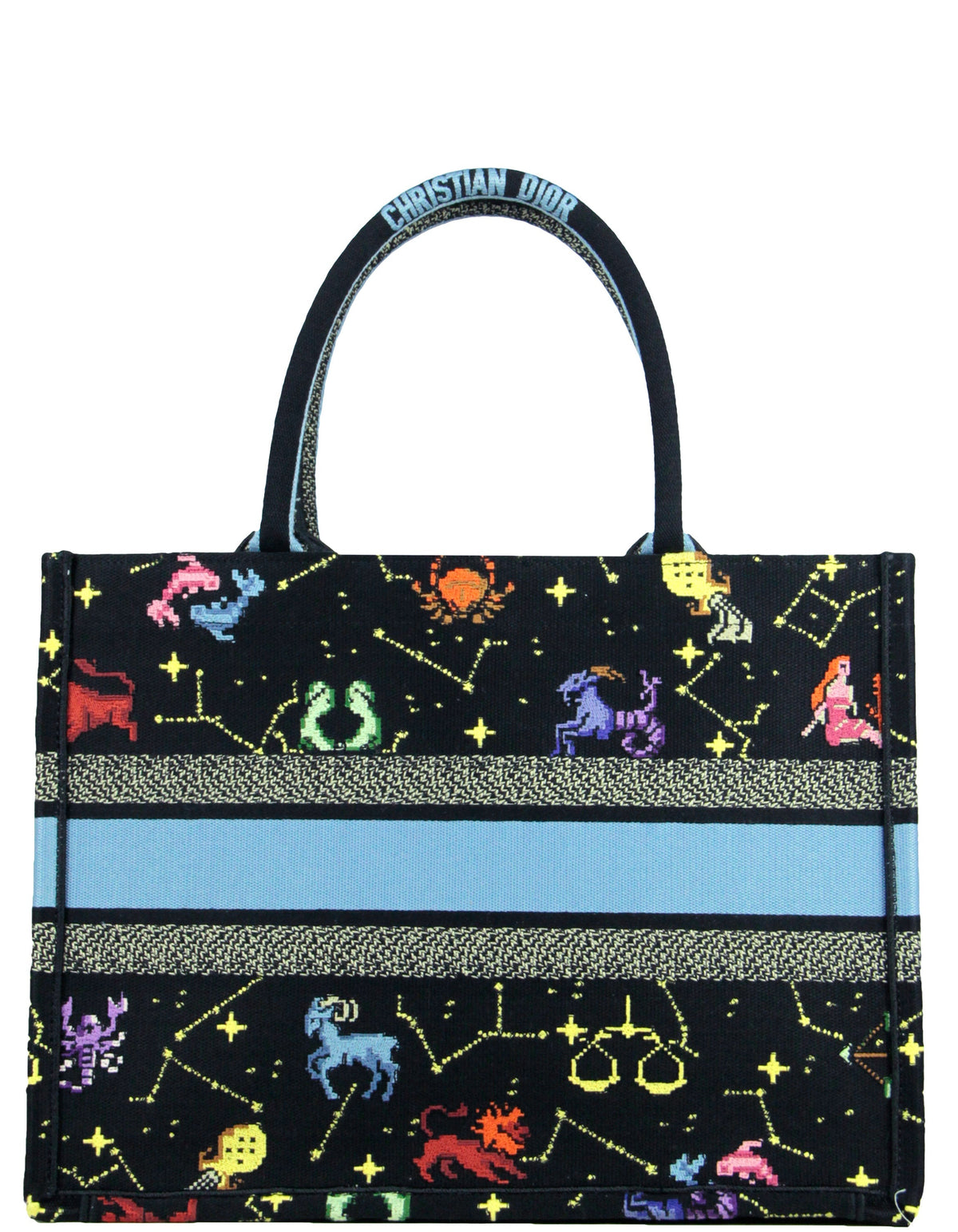 Dior 2022 Black Multicolor Dior Pixel Zodiac Embroidery Small Book Tote Bag Rovelle Bags