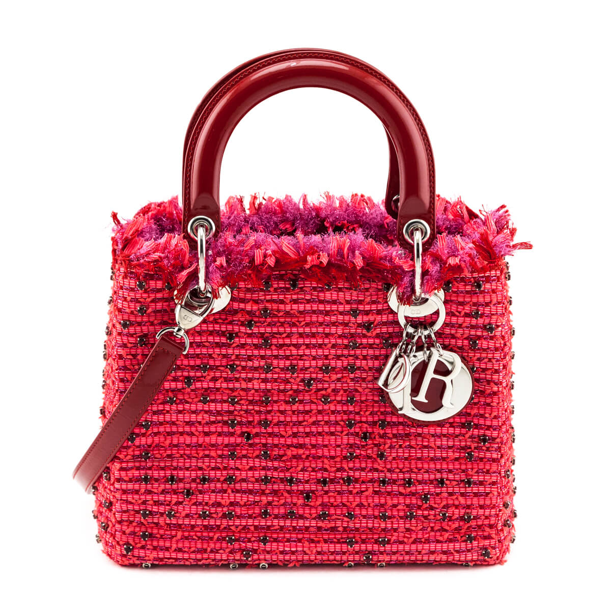 Dior Red Patent Pink Tweed Embellished Medium Lady Dior Bag Rovelle Bags