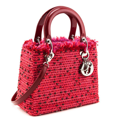 Dior Red Patent Pink Tweed Embellished Medium Lady Dior Bag Rovelle Bags