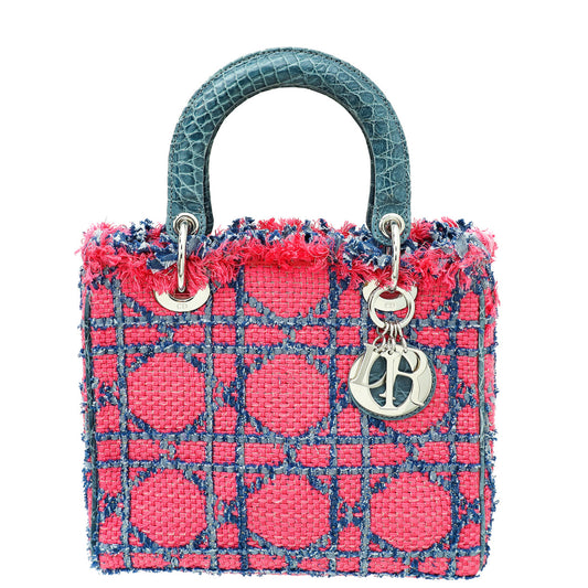 Christian Dior Bicolor Tweed Fringe Crocodile Handle Lady Dior Medium Bag Rovelle Bags