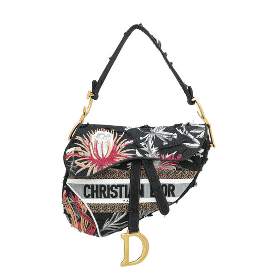 Christian Dior Black Multicolor Embroidered Camouflage Flowers Saddle Medium Bag Rovelle Bags