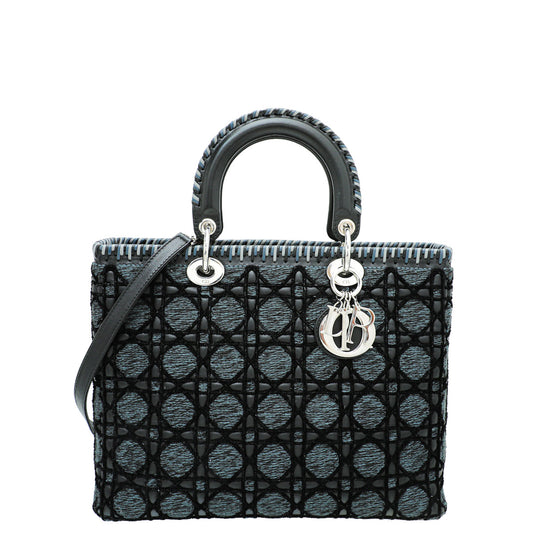 Christian Dior Black Tweed Velvet Whipstitch Lady Dior Large Bag Rovelle Bags