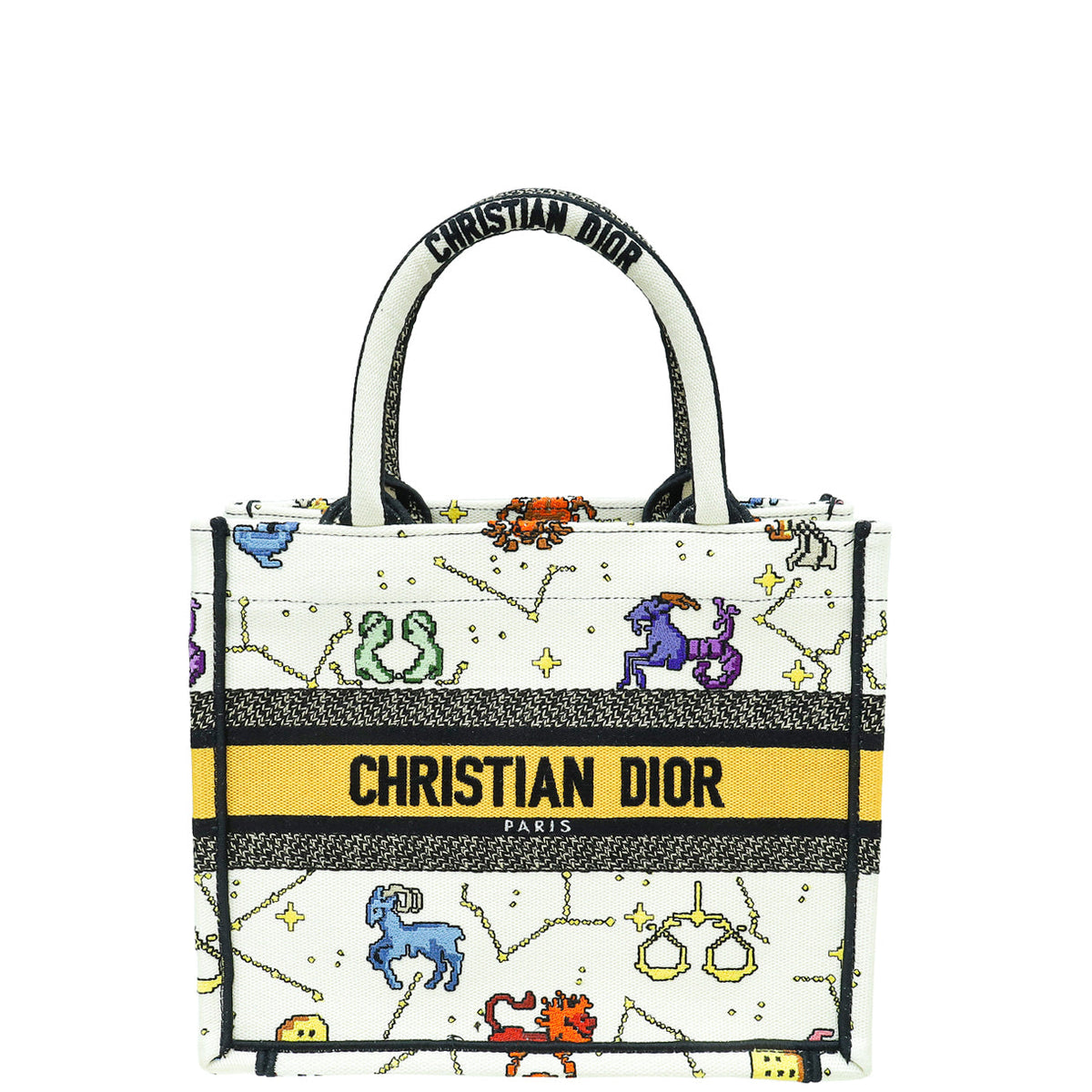 Christian Dior White Multicolor Pixel Zodiac Embroidery Small Book Tote Bag Rovelle Bags