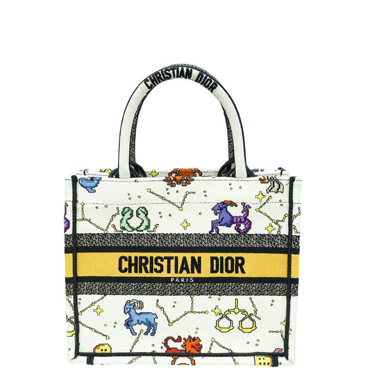 Christian Dior White Multicolor Pixel Zodiac Embroidery Small Book Tote Bag Rovelle Bags