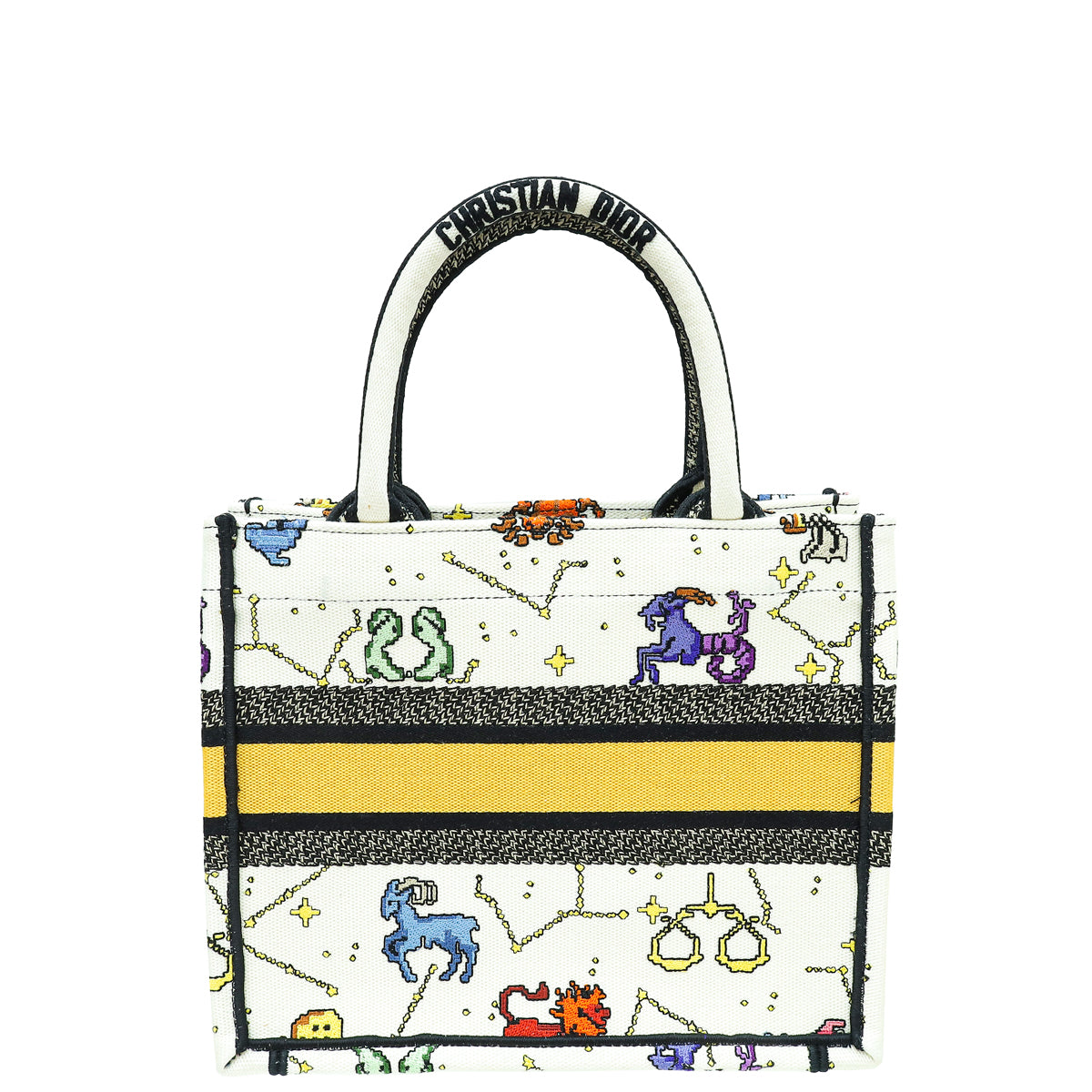 Christian Dior White Multicolor Pixel Zodiac Embroidery Small Book Tote Bag Rovelle Bags