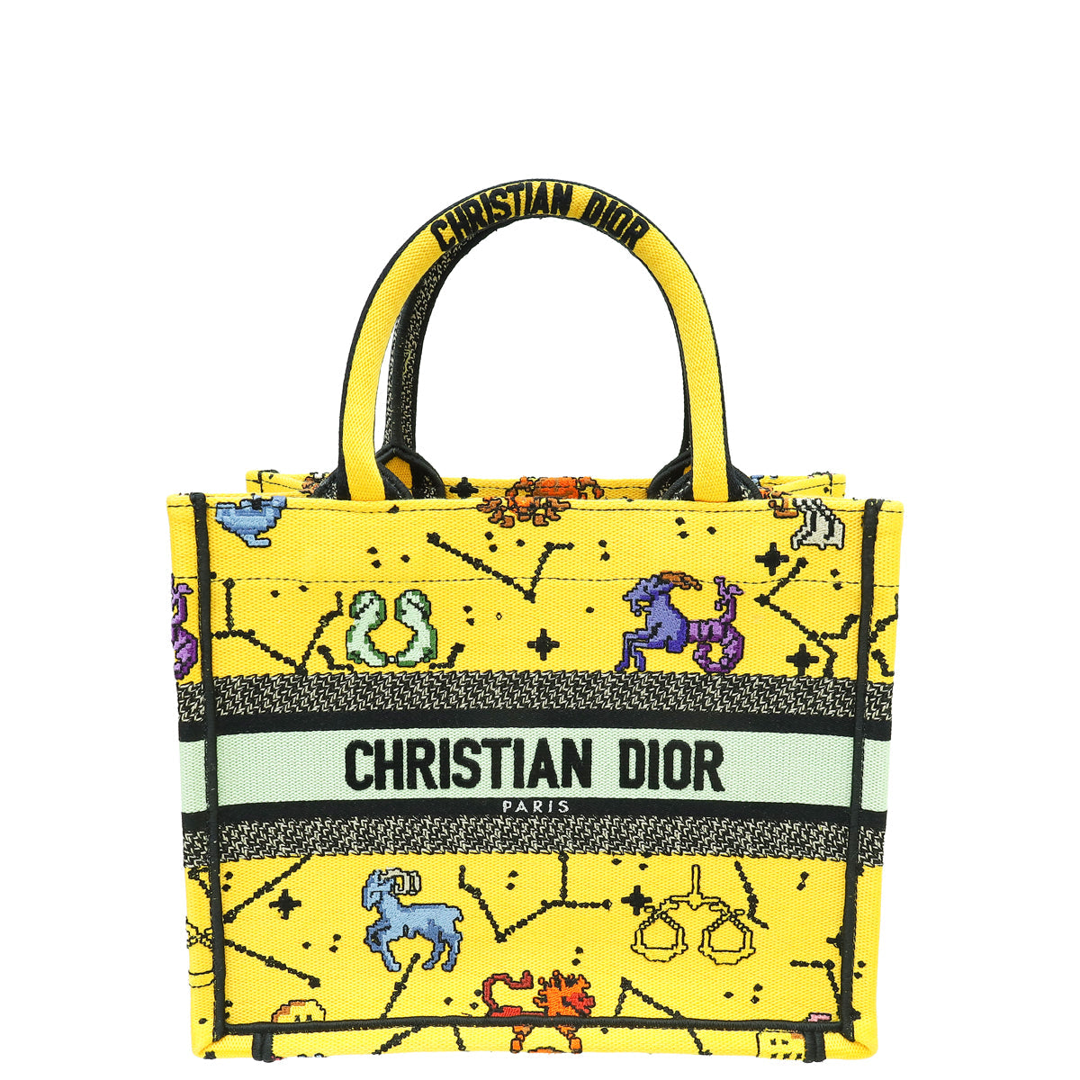 Christian Dior Yellow Multicolor Pixel Zodiac Embroidered Book Tote Small Bag Rovelle Bags