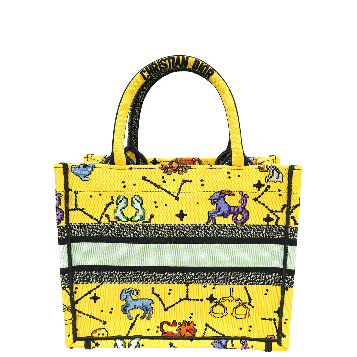 Christian Dior Yellow Multicolor Pixel Zodiac Embroidered Book Tote Small Bag Rovelle Bags