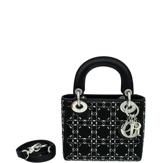 Christian Dior Black Satin Lady Dior Strass Cannage Mini Bag Rovelle Bags